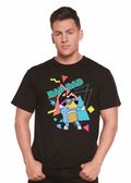 Rad Dad Bluey Men's graphic T-shirt in black, featuring a colorful Bluey cartoon print with bold geometric shapes.