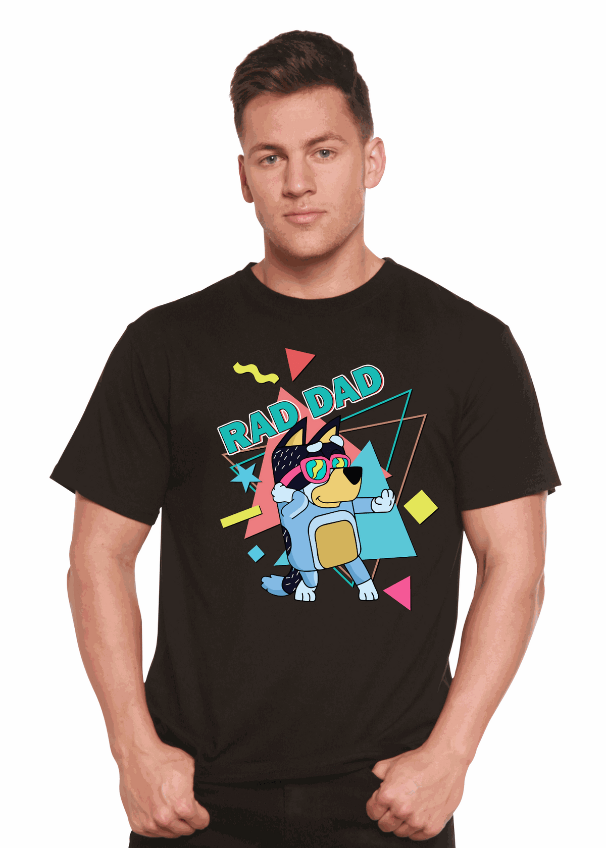 Rad Dad Bluey Men's graphic T-shirt in black, featuring a colorful Bluey cartoon print with bold geometric shapes.