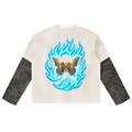 Long-sleeve T-shirt with a cream cotton body, charcoal leopard-print sleeves, and a blue flame graphic surrounding a gold butterfly; Unisex Vintage Wash style.
