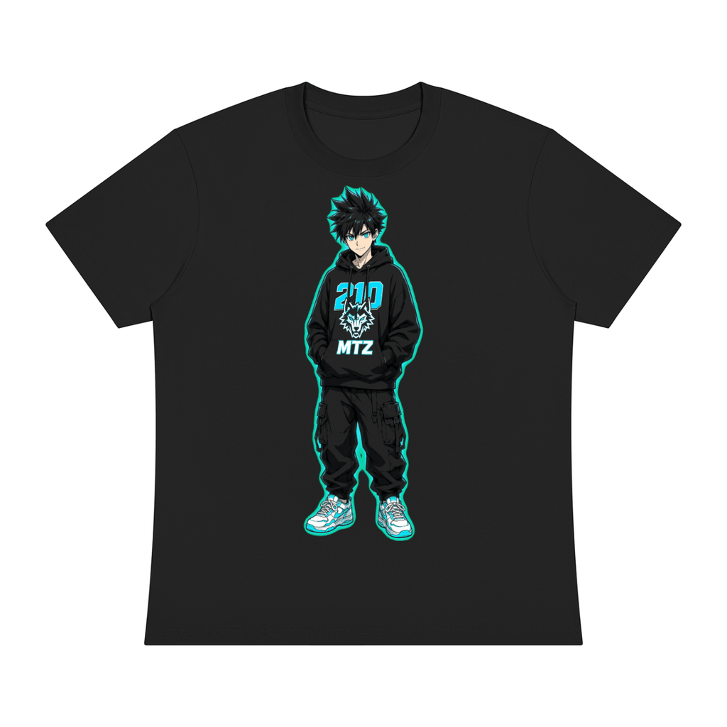 Unisex Sorona Crewneck T-Shirt in black cotton-blend knit, featuring a centered anime character graphic with turquoise accents.
