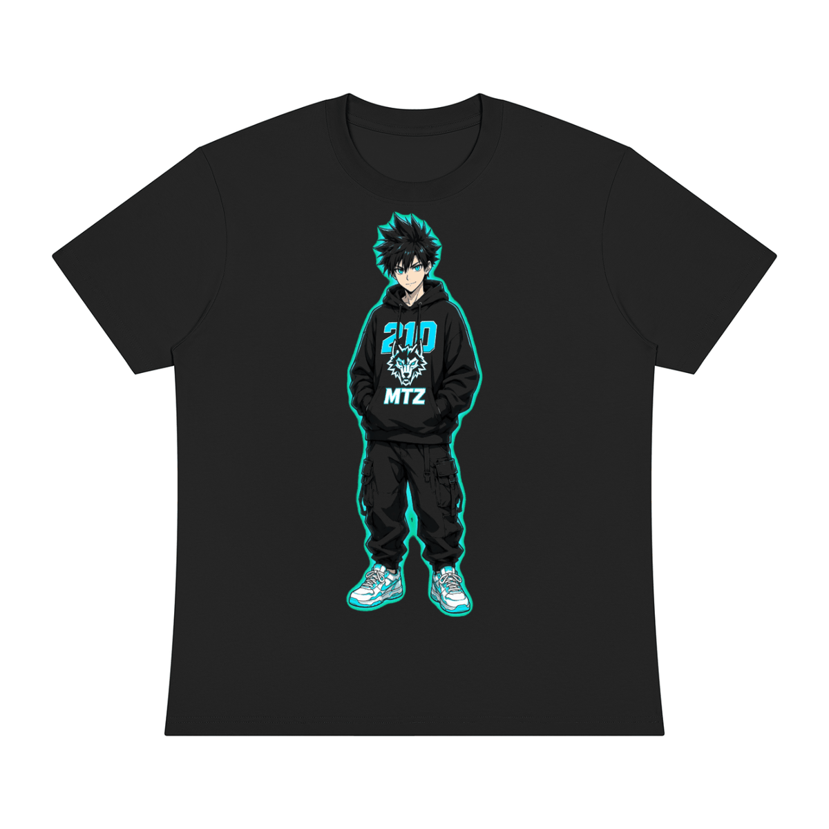 Unisex Sorona Crewneck T-Shirt in black cotton-blend knit, featuring a centered anime character graphic with turquoise accents.