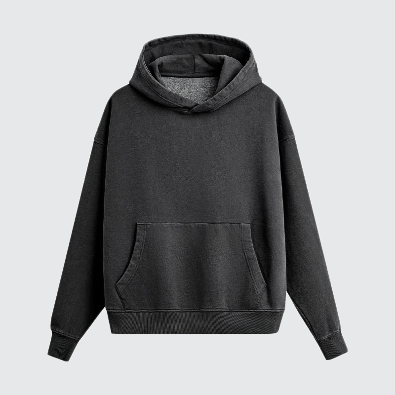440GSM Unisex Heavyweight hoodie in washed charcoal cotton, featuring a boxy fit, ribbed cuffs and hem, and kangaroo pocket