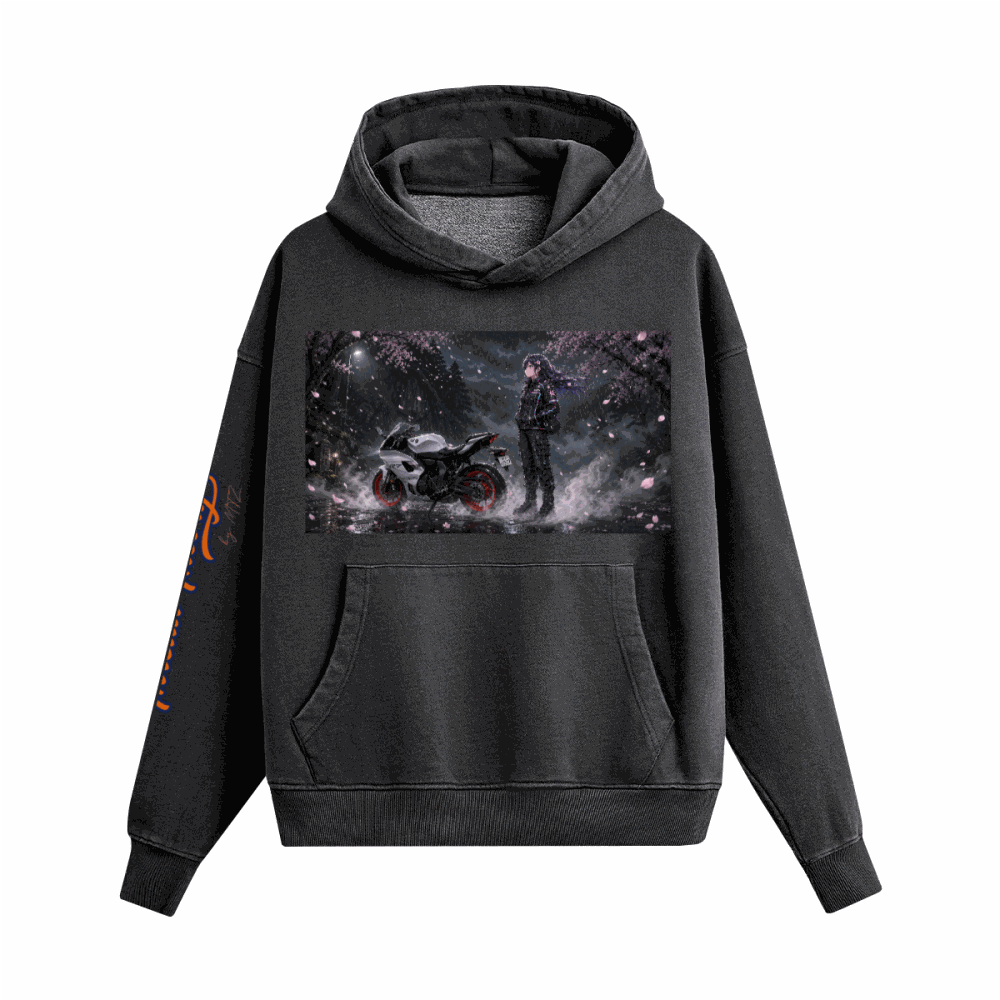 440GSM Unisex Heavyweight hoodie in washed charcoal cotton with an oversized boxy fit, kangaroo pocket and graphic print