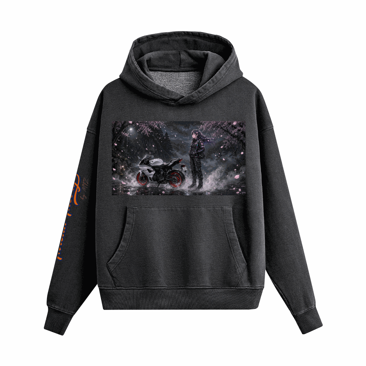 440GSM Unisex Heavyweight hoodie in washed charcoal black cotton fleece, with a boxy fit, hood, kangaroo pocket and dark graphic print
