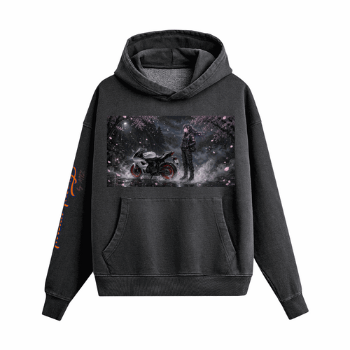 440GSM Unisex Heavyweight hoodie in washed charcoal black cotton fleece, with a boxy fit, hood, kangaroo pocket and dark graphic print
