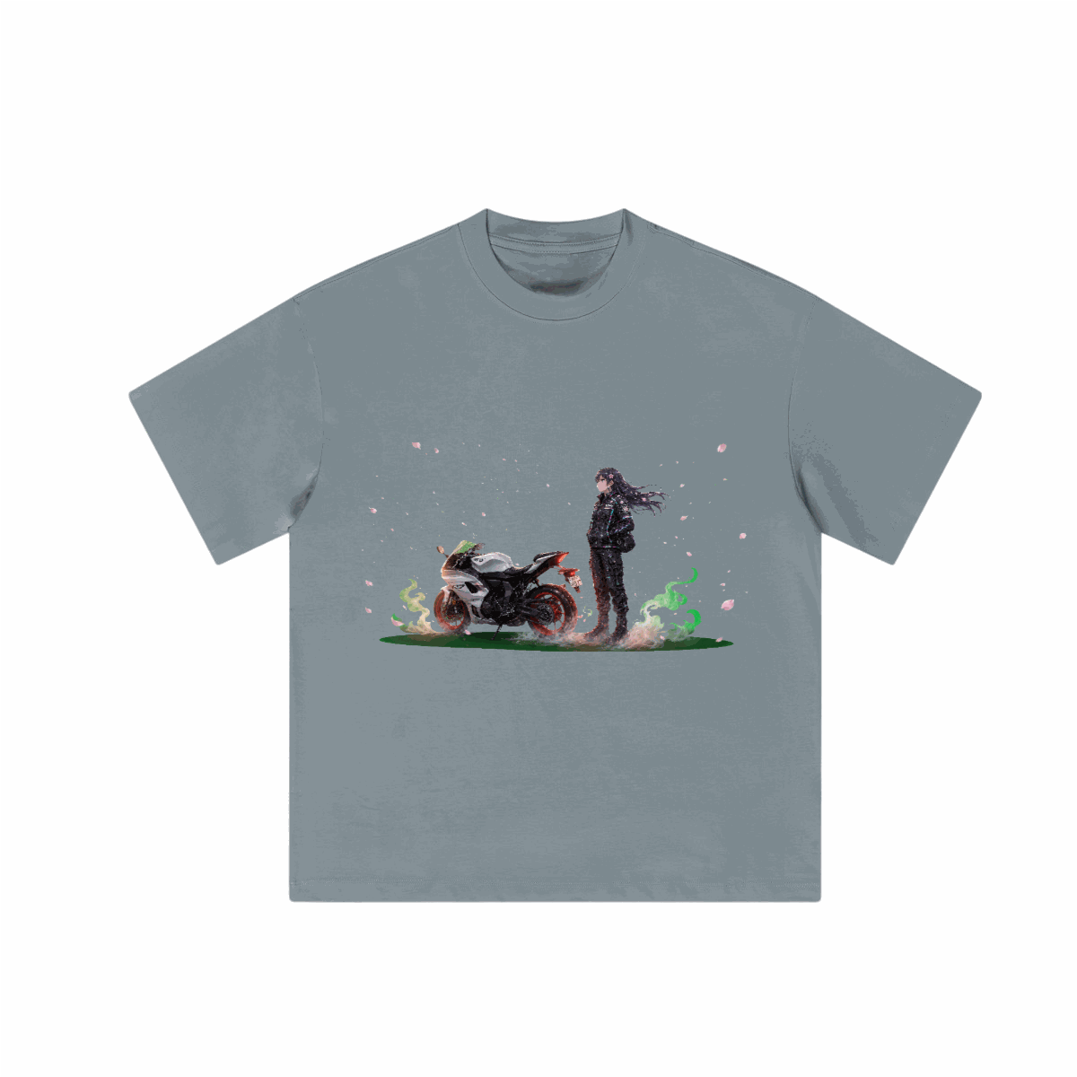 Unisex Heavyweight Loose T-Shirt in muted blue-gray cotton, featuring a colorful motorcycle and standing figure graphic.