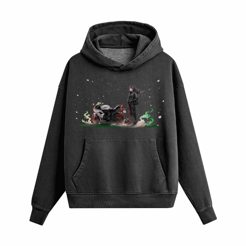 Hoodie in washed charcoal cotton fleece, 440GSM Unisex Heavyweight with boxy fit, kangaroo pocket and colorful graphic print.