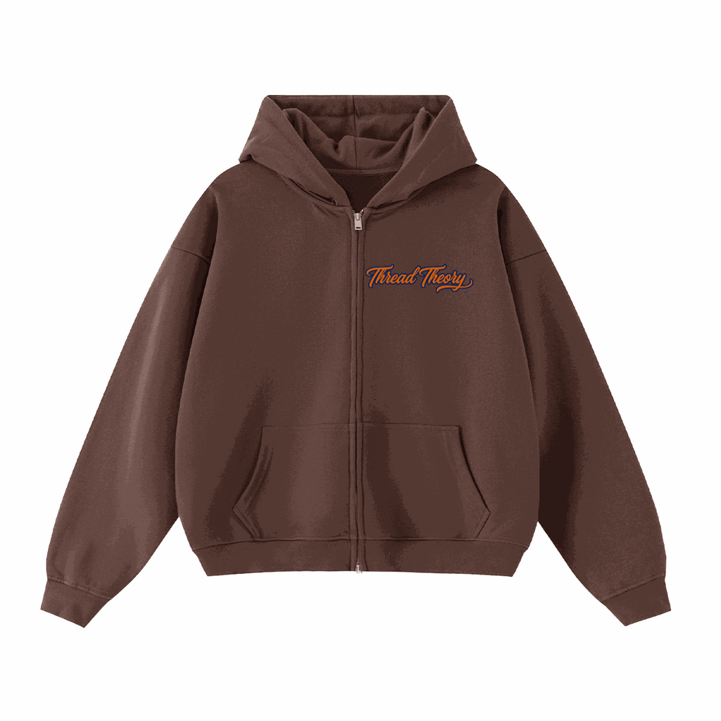 Unisex Heavyweight Cropped zip-up hoodie in solid cocoa brown cotton, with a relaxed fit, front pockets, hood and chest logo.