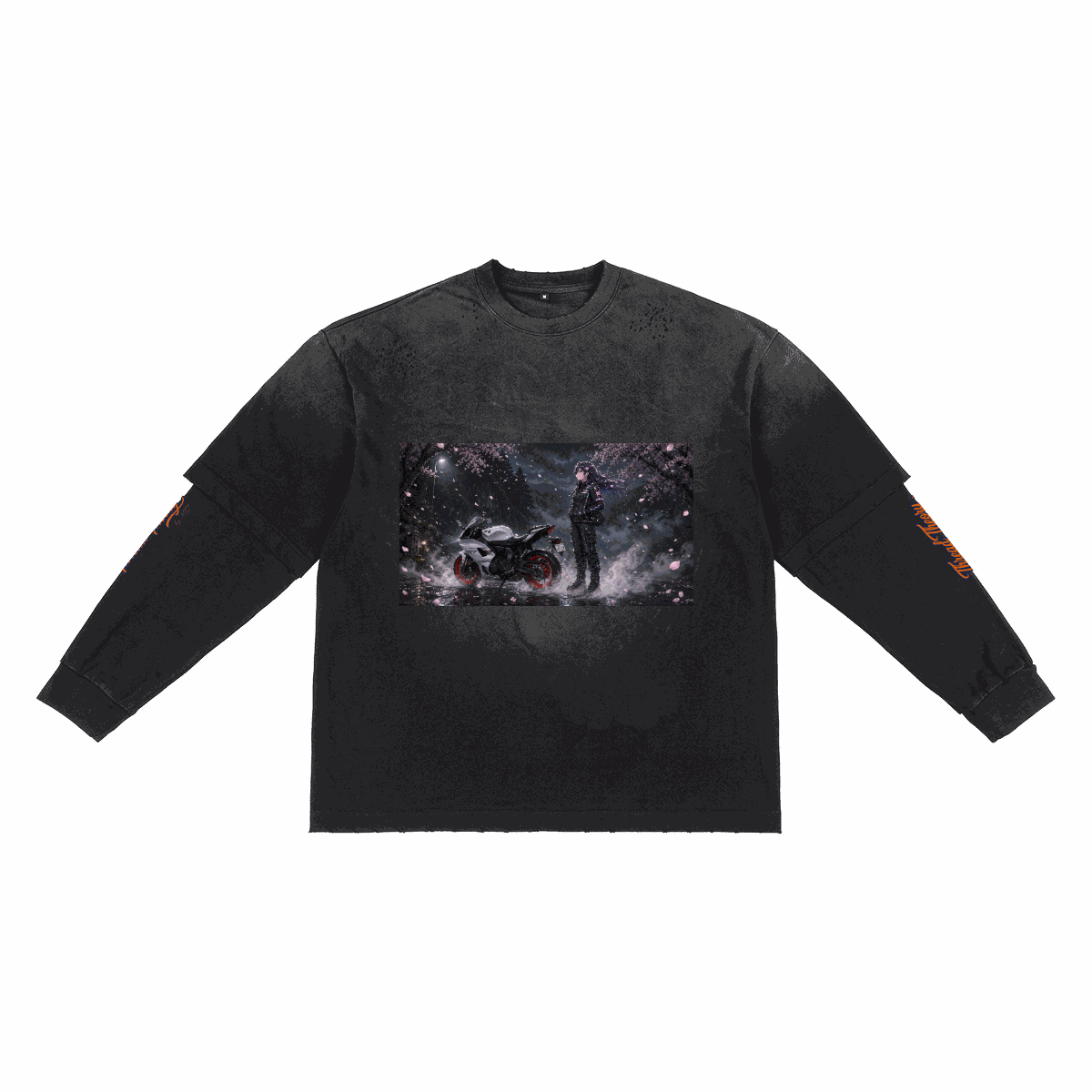 Unisex Heavyweight Washed Vintage long-sleeve T-shirt in charcoal-black cotton, with a faded finish and colorful motorcycle graphic.