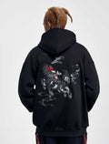 KH9102 Kirin Embroidery Hoodie in black cotton blend, featuring a large gray and white mythical creature embroidery with red accents on the back.