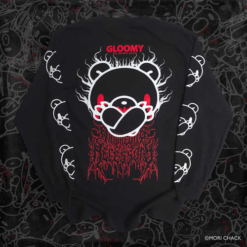 Cross Arms Long Sleeve T-Shirt in black cotton, featuring a bold red and white flaming cartoon face graphic and sleeve prints.