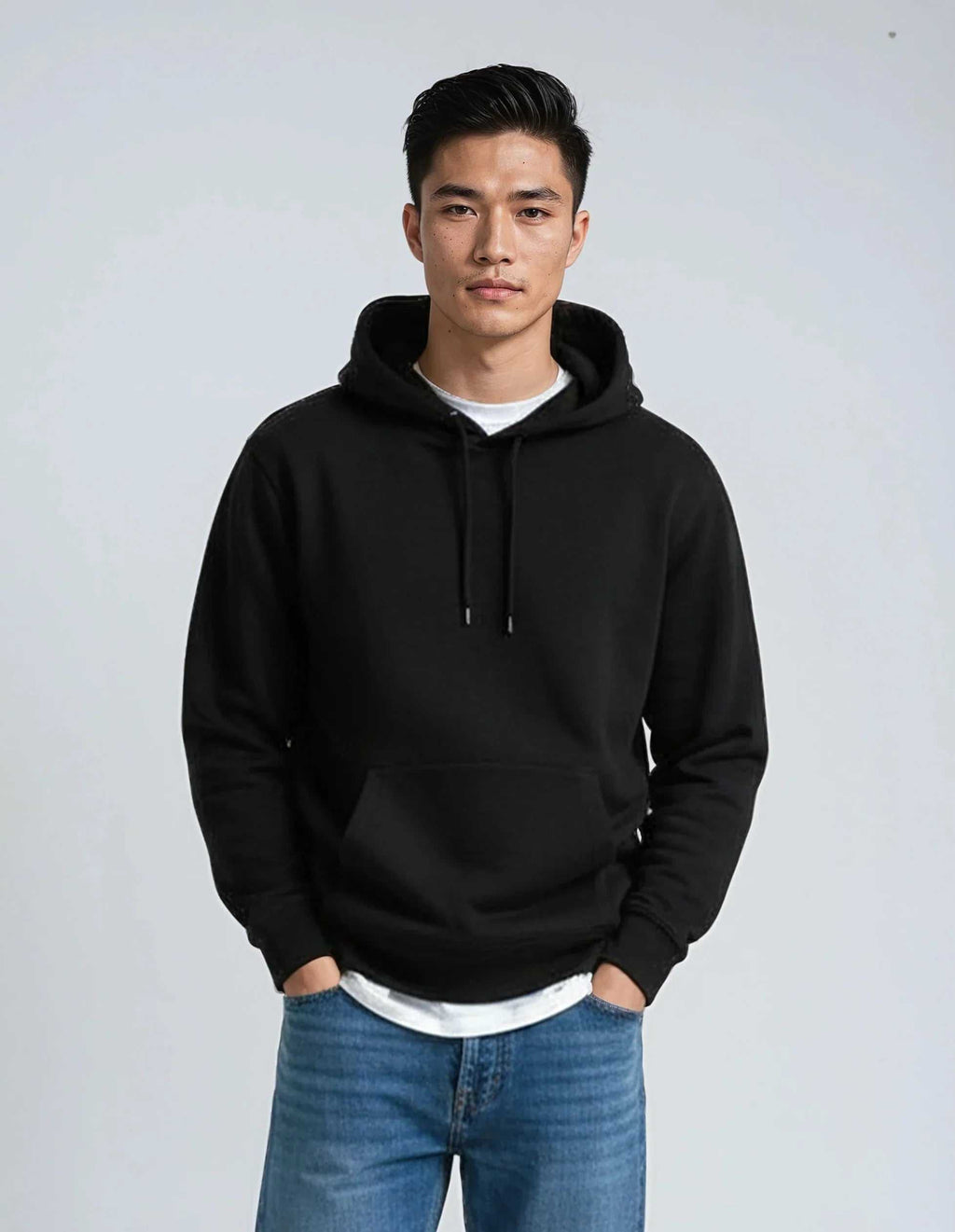 Black heavyweight pullover hoodie, Heavyweight Hoodie P2016, with soft fleece fabric, drawstring hood, and front kangaroo pocket.