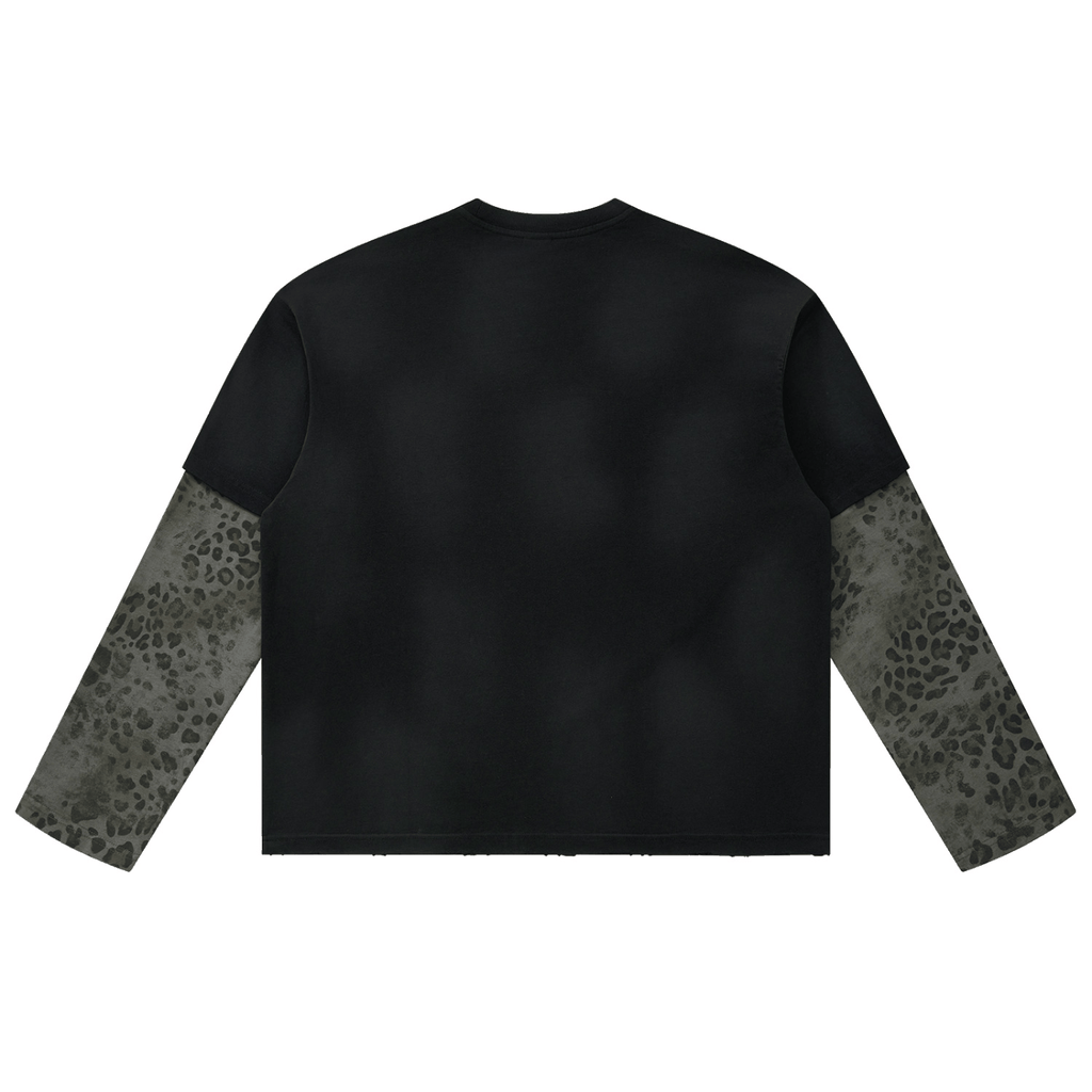 Unisex Vintage Wash Leopard Paneled Layer T-Shirt