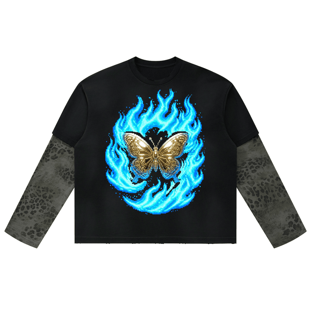 Unisex Vintage Wash Leopard long-sleeve T-shirt in black cotton, with gray leopard-print sleeves and a blue flame butterfly graphic.