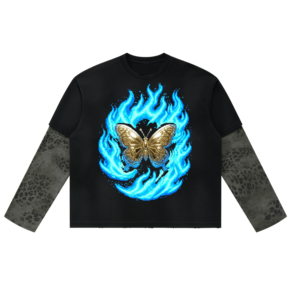 Unisex Vintage Wash Leopard long-sleeve T-shirt in black cotton, with gray leopard-print sleeves and a blue flame butterfly graphic.
