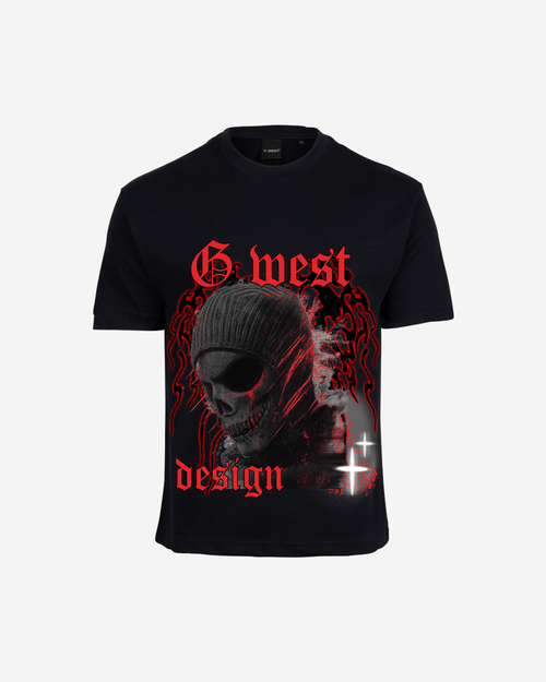 G WEST MASK 3.0 Oversized T-shirt in black, with a large red-and-grey skull graphic and gothic lettering on the front.