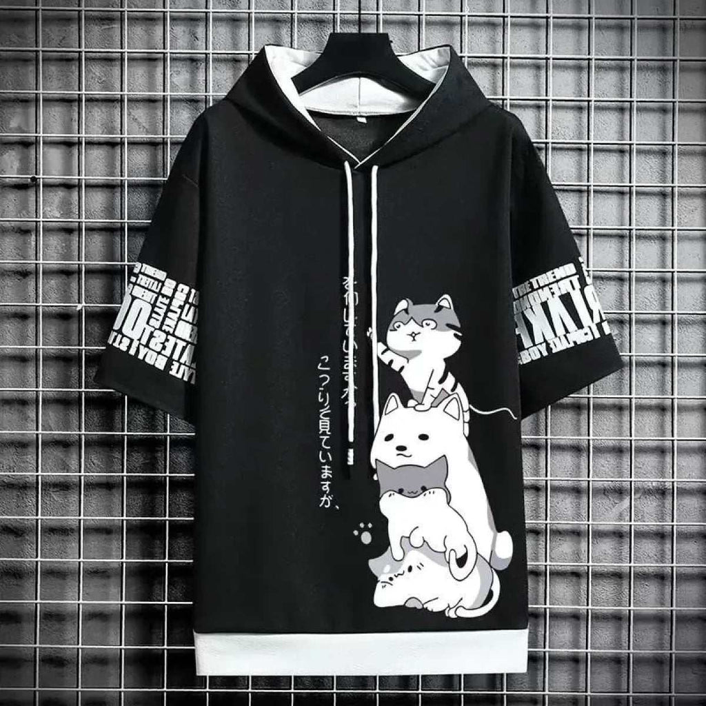 Men's Summer Cartoon Hoodie, black short-sleeve polyester top with white drawstrings, sleeve lettering and stacked cartoon cats.